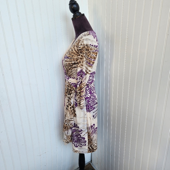 Boston Proper Dress Paisley Leopard Floral Purple Tan Stretch Faux Wrap Zip 6 - Picture 5 of 15
